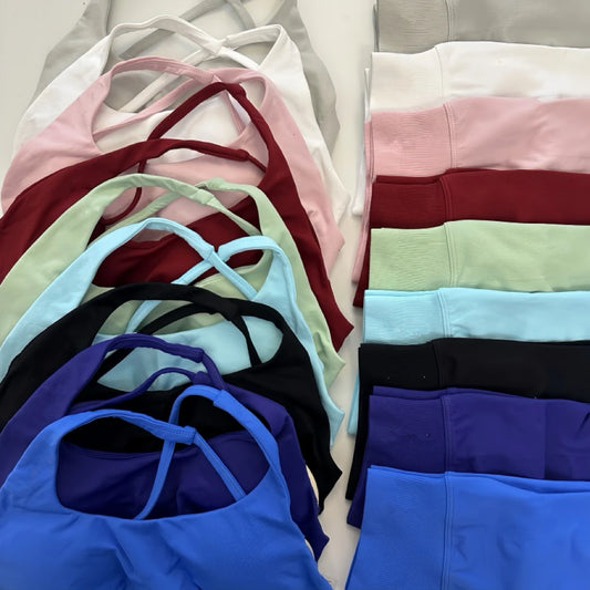 No Logo Yoga Asymmetric Gym Set Women Seamless Yoga Set Workout Shorts Sets Halter Sports Bra Scrunch Bum Shorts Fitness Clothes Badiee Stylez