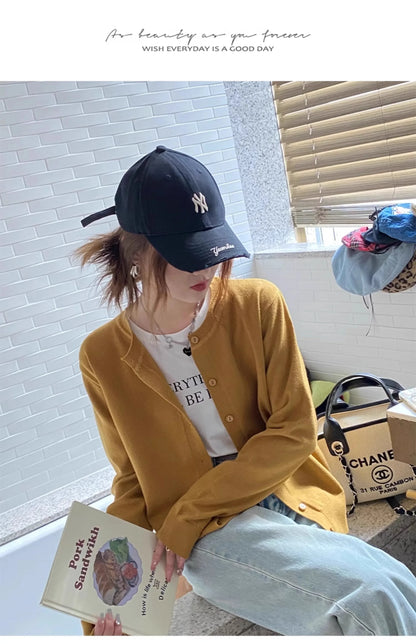 New 2025 Spring Summer Knit Cardigan O-Neck Solid Color Fashion High-Grade Comfortable Slim Casual Knitwear Tops