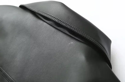 Zekye Vintage Women's Faux Leather Jacket Autumn Winter Lapel Collar Bow Detail Zipper Overcoat Fashionable Outerwear