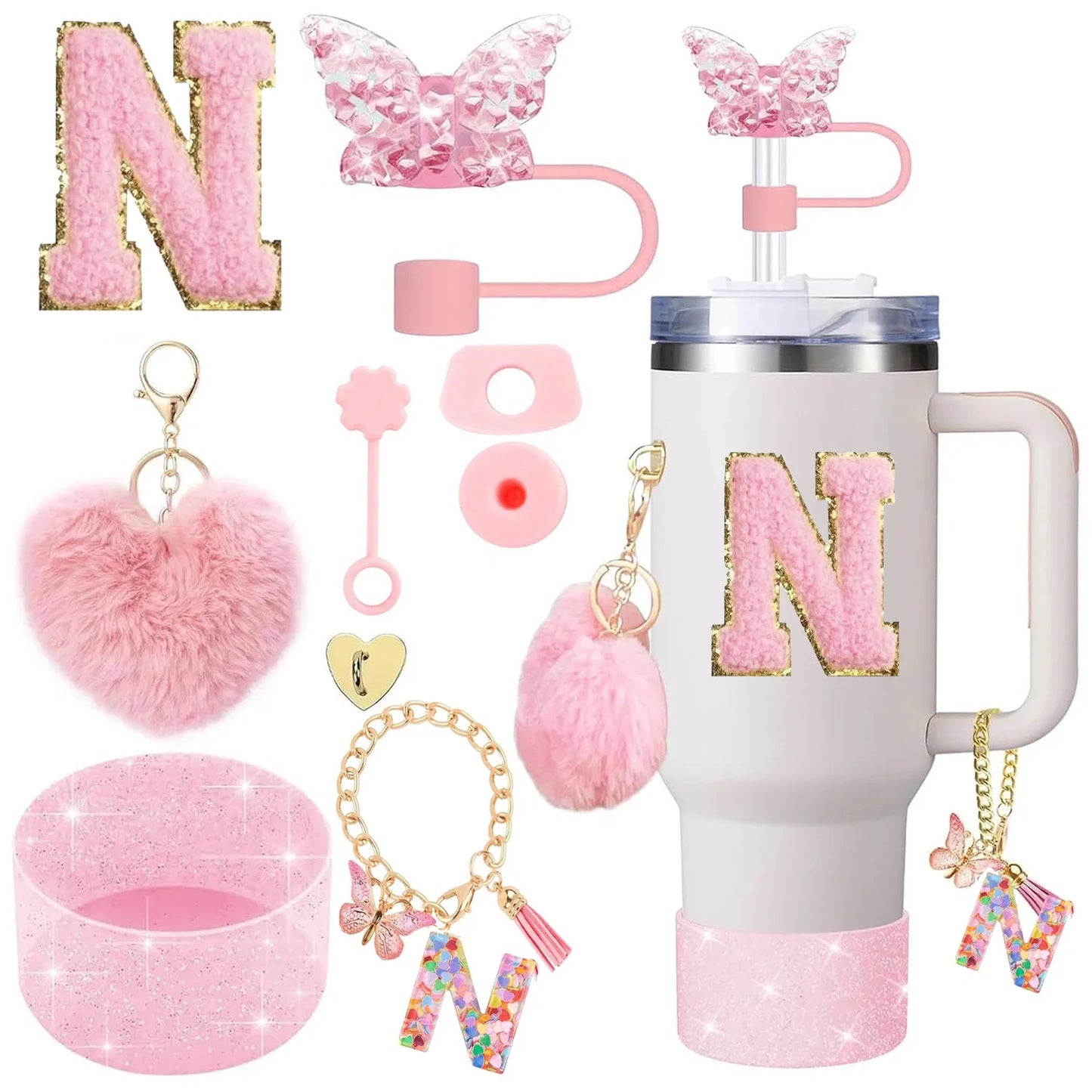 9PCS Accessory Set for Stanley Cup 30oz 40oz Butterfly Straw Cover Cap Silicone Boot Charm Initials Sticker Spill Proof Stopper Badiee Stylez