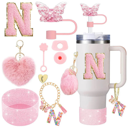 9PCS Accessory Set for Stanley Cup 30oz 40oz Butterfly Straw Cover Cap Silicone Boot Charm Initials Sticker Spill Proof Stopper Badiee Stylez