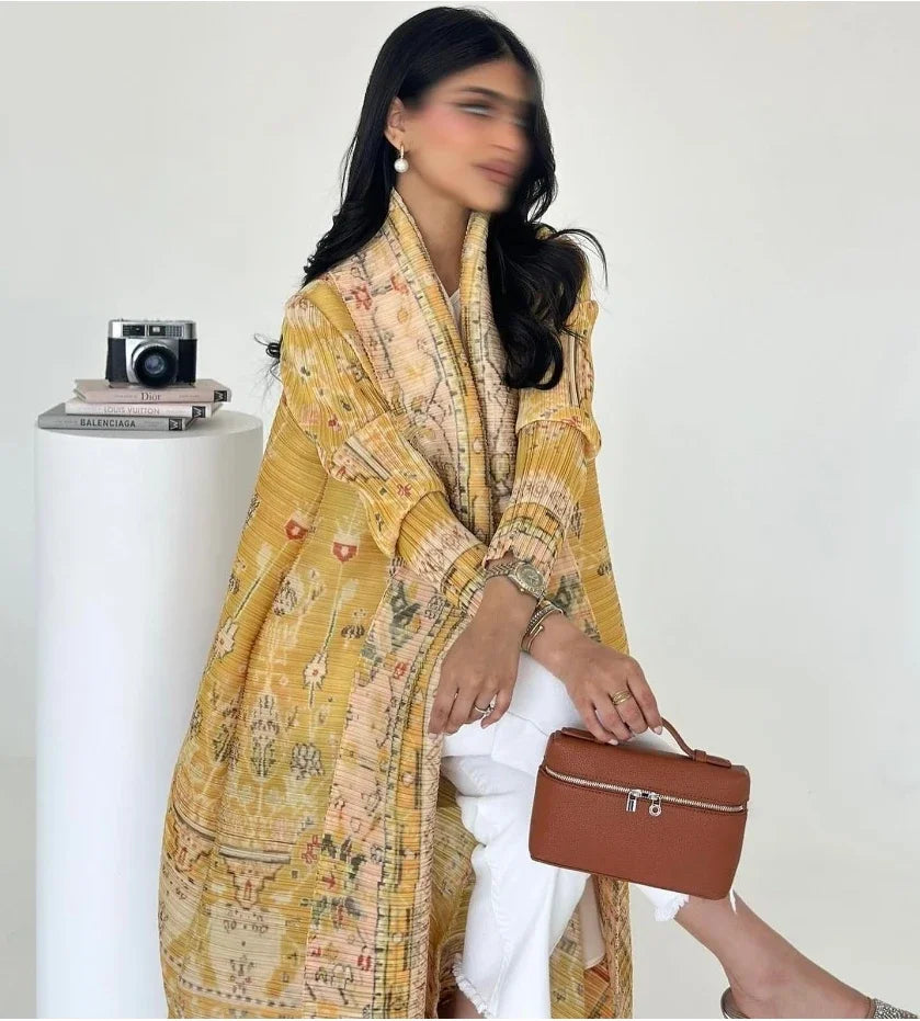 Abaya Ethnic Style Printed Pleated Coat Cape Shawl 2024 Spring/summer Big Collar Lace Up Cardigan Top Long Windbreaker Robe