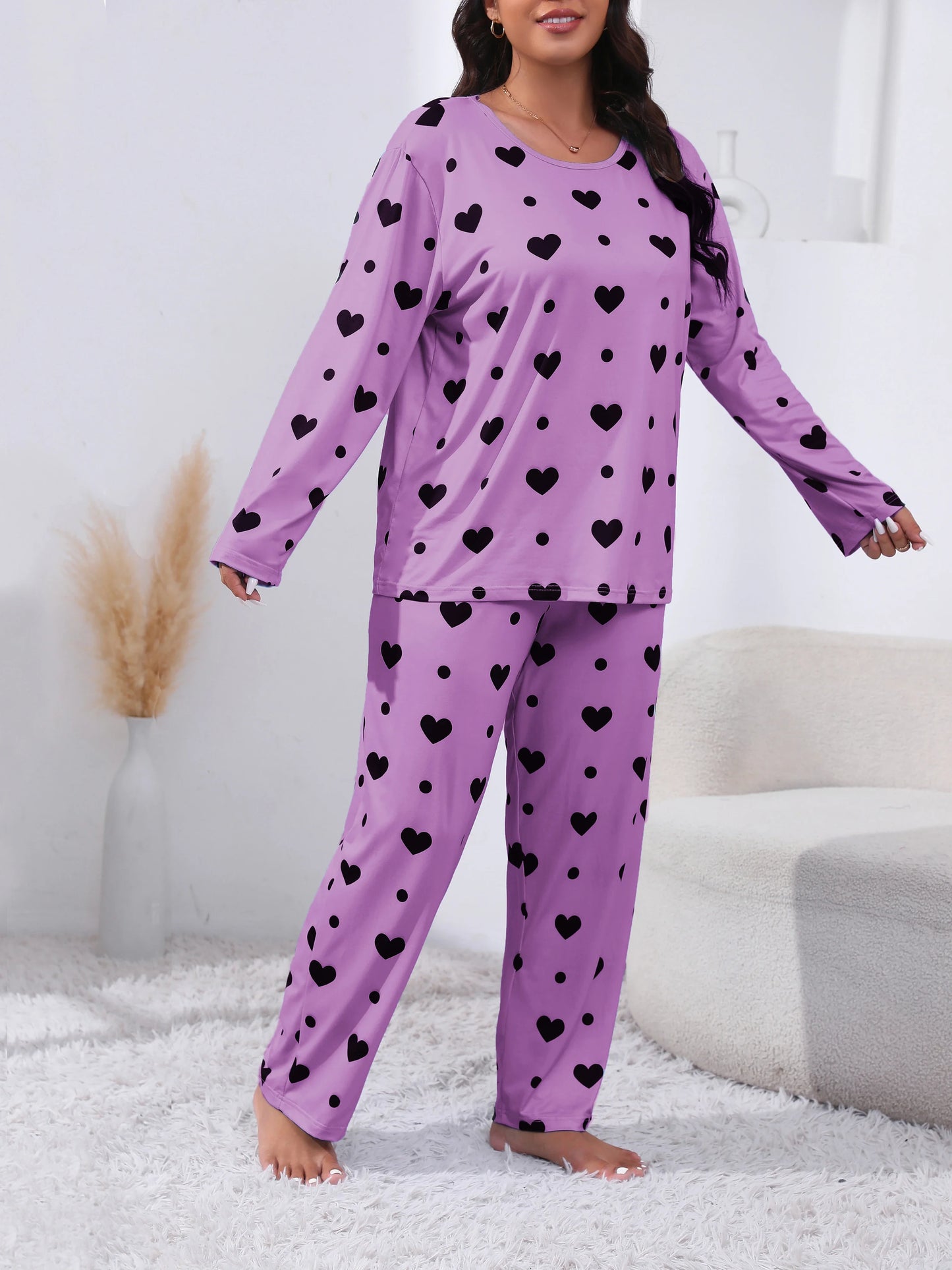 Plus Size Women's Heart Print Long Sleeve T-Shirt And Pants With Elastic 2pc Pajama Set,Women Round Neck Top and Trouser Pajama