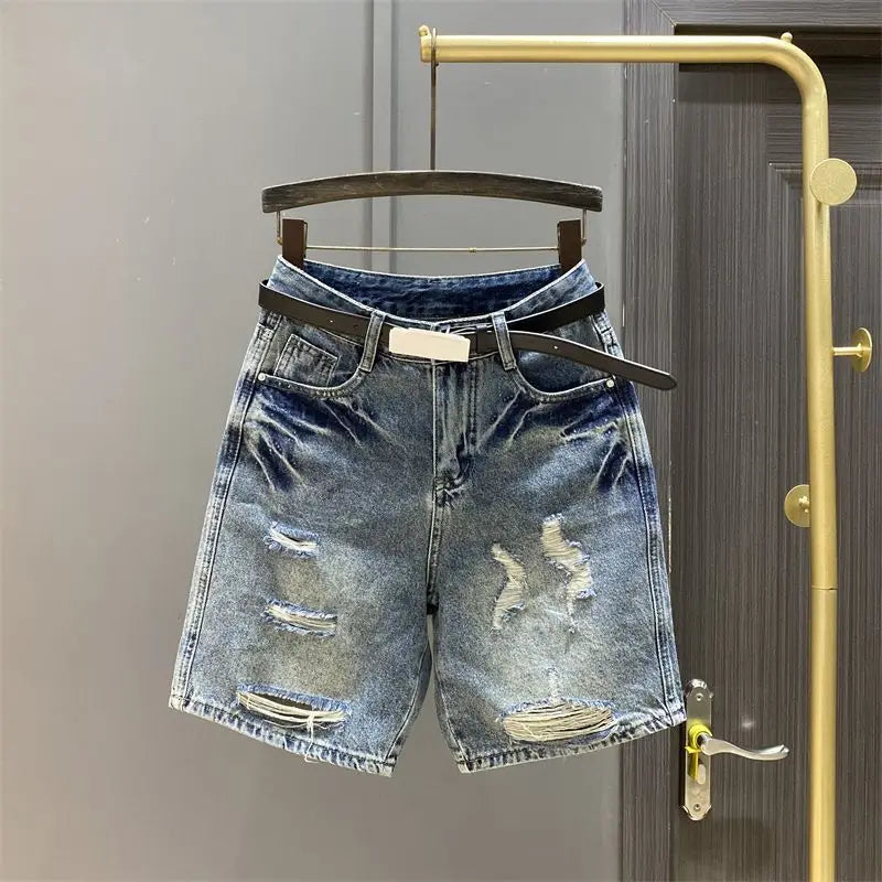 2024 Summer Latest Design Women's Knee-Length Casual Cotton Short Jeans Shorts Washed Blue Ripped Hole New Kpop Luxury Jeans blue