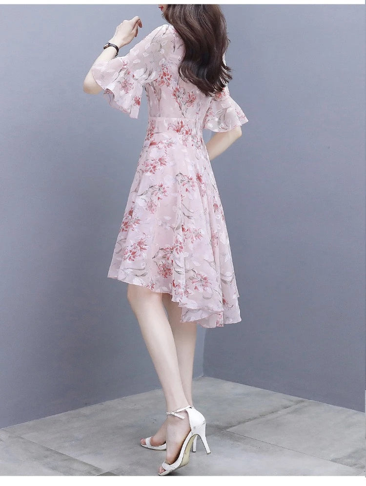 Ele Summer Women's Midi Dr ang Hai Sle Sweet Princ round Ne ort Sve A-Line Skirt Printed Chiffon Dr