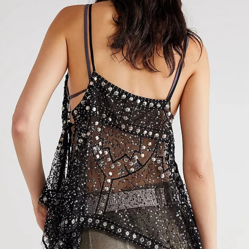 Women Y2K Rivet Sequin Mesh Tank Top V Neck Beaded Halter Cami Crop Top Sheer Sleeveless Backless Glitter Sparkly Camisole