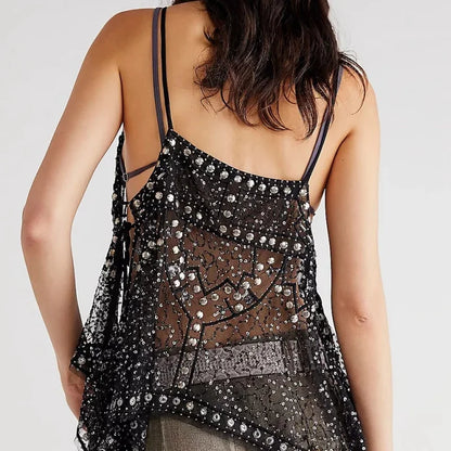 Women Y2K Rivet Sequin Mesh Tank Top V Neck Beaded Halter Cami Crop Top Sheer Sleeveless Backless Glitter Sparkly Camisole