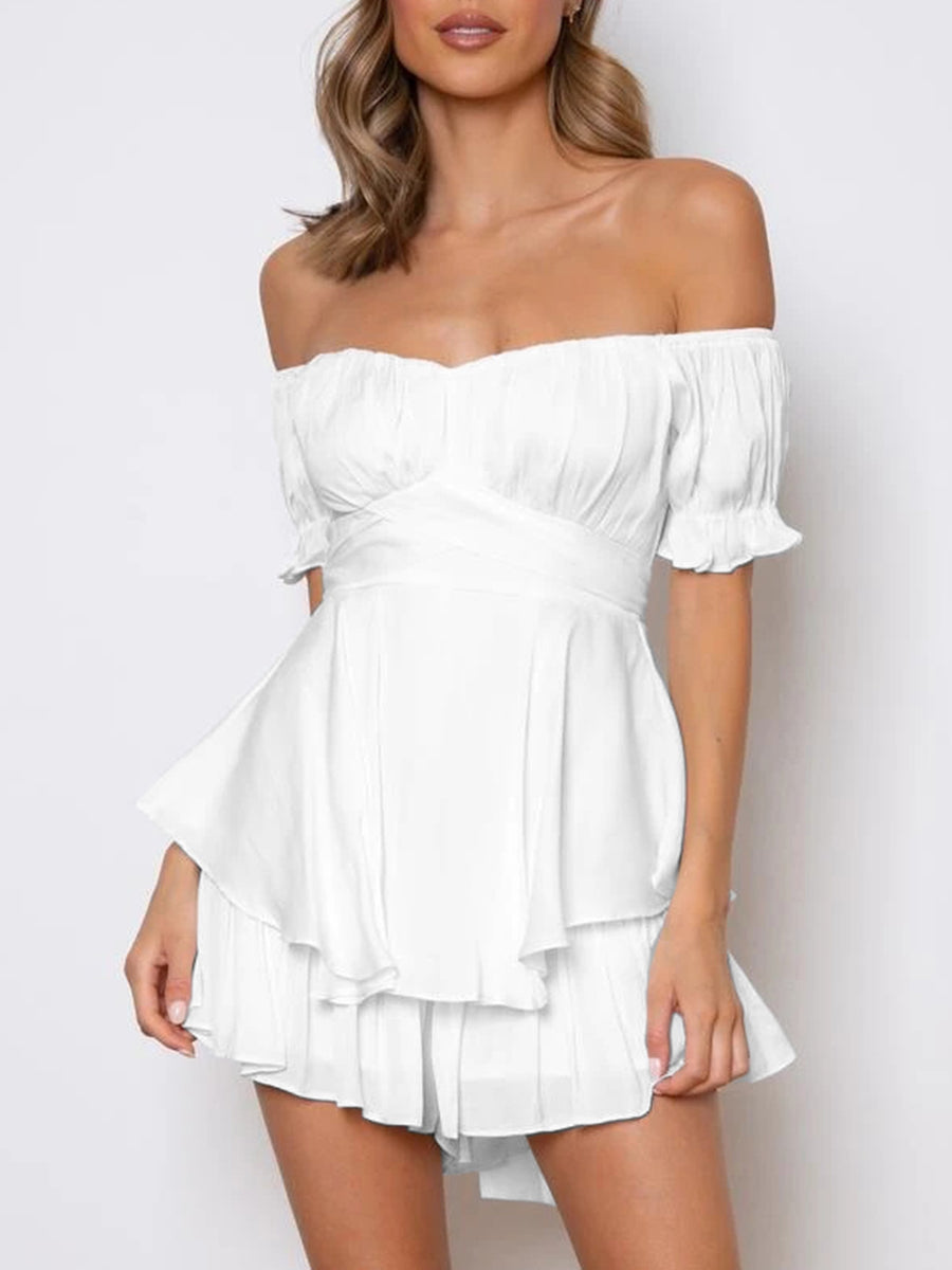 Women s Boho Off Shoulder Romper Double Layer Ruffle Hem Lantern Long Sleeve Waist Tie Back Chiffon Short Jumpsuits
