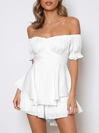Women s Boho Off Shoulder Romper Double Layer Ruffle Hem Lantern Long Sleeve Waist Tie Back Chiffon Short Jumpsuits