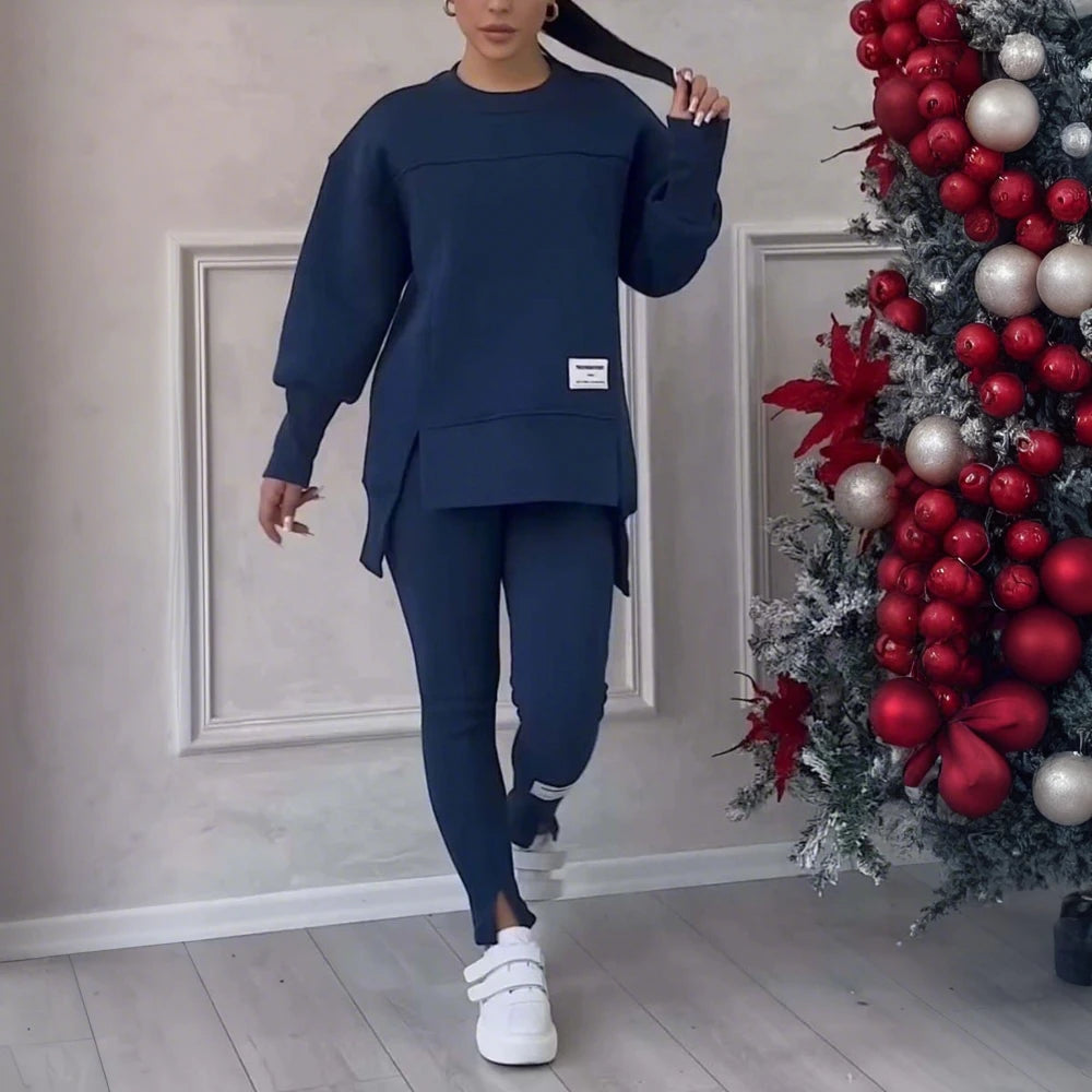 Women Two Piece Set Irregular Sweatshirt Long Sleeved Pullover Top Trouser Pants Set Autumn Winter Lady Solid Loose Outfits M L Blue