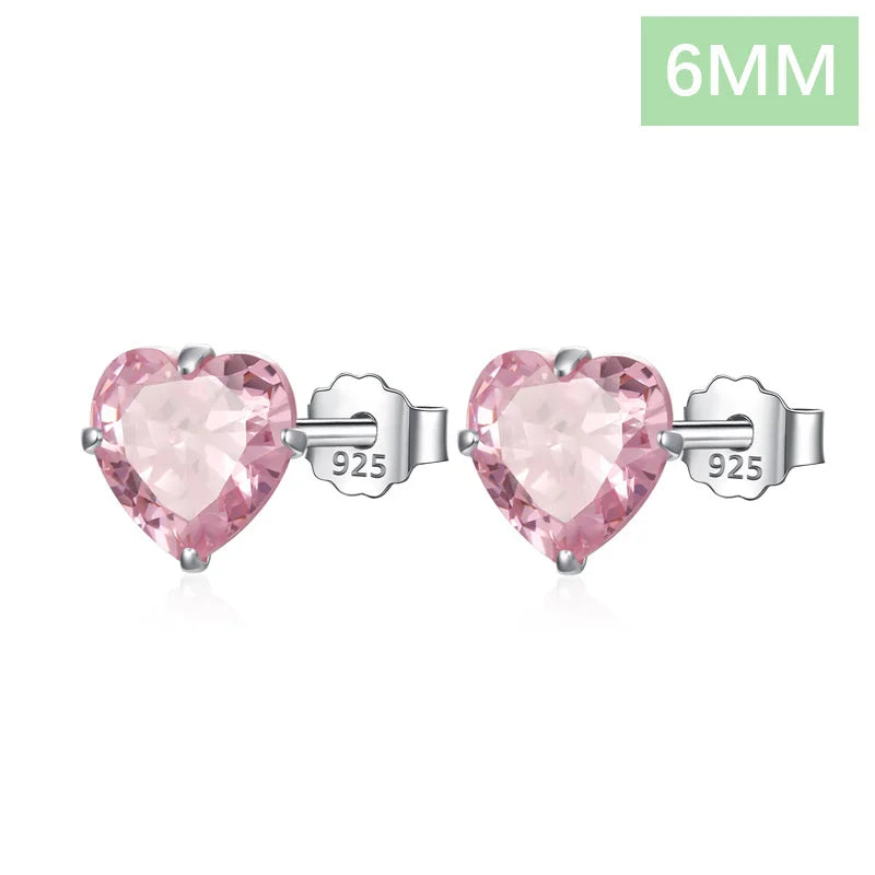 TrustDavis Real 925 Sterling Silver Earrings Cute Pink Heart Charm Shiny CZ Stud Earrings for Women Kids Teen Jewelry DS3731 6mm