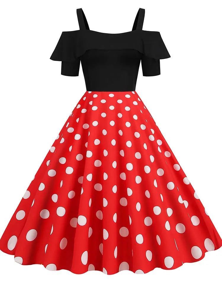 Off the Shoulder Elegant Vintage Party Dress Women Summer Polka Dot Ruffles A Line Midi Dresses Badiee Stylez