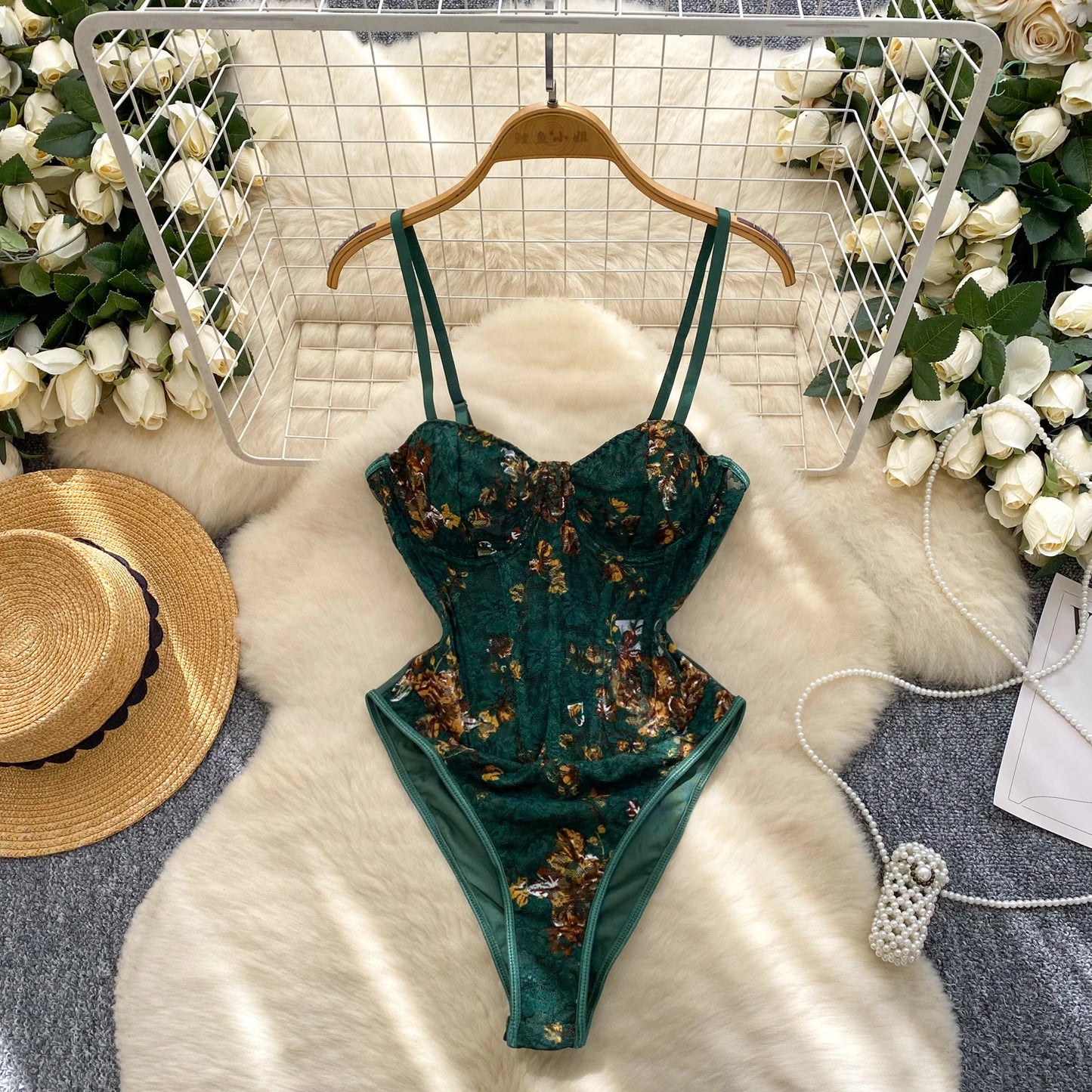 SINGREINY France Retro Straps Corset Bodysuits Lace Print Patchwork Rompers Female Senior Sexy Summer Slim Night Club Playsuits