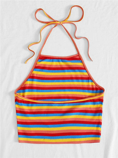 Rainbow Rib-knit Striped Halter Top Women Summer Y2K Clothes Sexy Korean Fashion Backless Sleeveless Crop Top Streetwear 2023