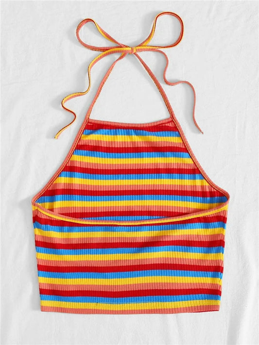 Rainbow Rib-knit Striped Halter Top Women Summer Y2K Clothes Sexy Korean Fashion Backless Sleeveless Crop Top Streetwear 2023