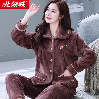 Autumn Winter Thicken Flannel Women Pajamas Set Two-piece suit Warm Loose Long-sleeve Female Casual Home service Single-breasted Brown DD
