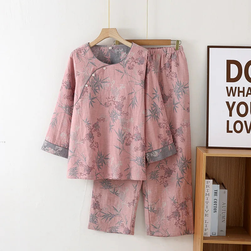 Chinese Style Women's Pajamas, Pure Cotton, Retro Color, Woven Jacquard, Home Clothing, Long Sleeves Trousers, Diagonal Collar Pink leaves