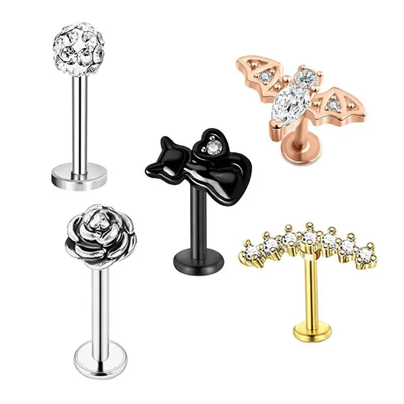 5PCS Flower Tragus Piercing Set Flat Back Cz Cartilage Stud Earring Helix Jewelry Conch Rook Stud Lot Labret Lip Piercing Bulk 5PCS Set12