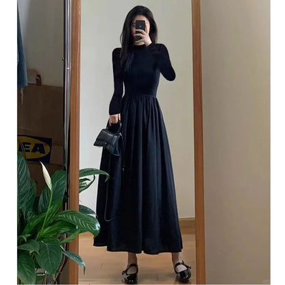 Lucyever French Style Black A-Line Dresses Women Elegant High Waist Long Sleeve Midi Dress Autumn Winter Slim Fit Maxi Dress
