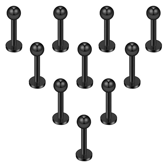 WKOUD 10PCS 16G Black Titanium Anodized Stainless Steel Ball Labret Monroe Lip Ring/Tragus/Helix/Cartilage Earring Stud Barbell Black