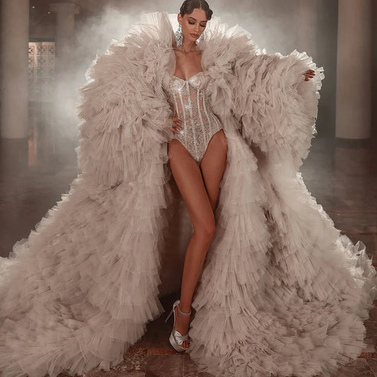 Luxury Champagne Volume Tulle Long Jacket Puffy Sleeves Floor Length Formal Bridal Jacket Cloak Women Outerwear To Stage Show Badiee Stylez