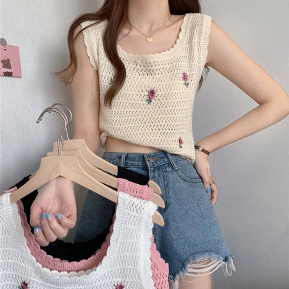 Women Summer Flower Embroidered Knit Tank Tops O-Neck Sleeveless Sweet Camisole Crochet Outer Wear Vintage Loose Inner Crop Tops