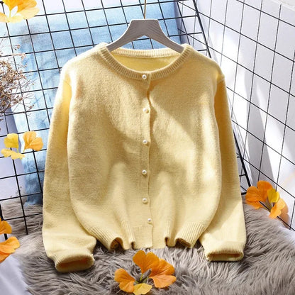 Solid Cardigan Sweater Fall Women Clothing Korean Fashion O-neck Long Sleeve Top Single Breasted Sweet Knitted Mujer Outerwear