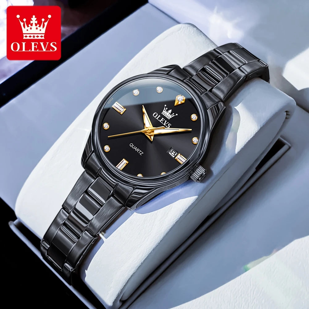 OLEVS Elegant Fashion Brand Women's Watches Gold Waterproof cCalendar Quartz Watch for Lady Stainless Steel Original Wristwatch black