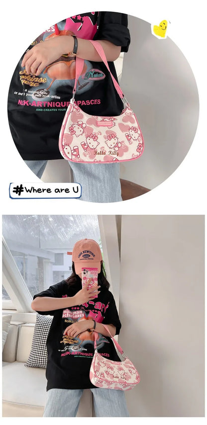 Miniso Hello Kitty Underarm Bag for Women Y2K Sanrio Kuromi Mymelody Messenger Tote Bag Cute Girls Shoulder Bag Purses Handbag