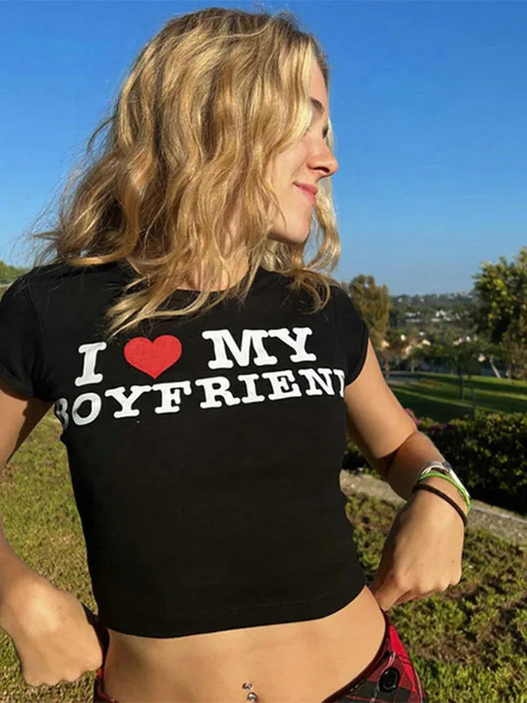 I LOVE MY BOYFRIEND Summer Fashion Girls Cotton Crop Tee Short Short Sleeve Women T-Shirt