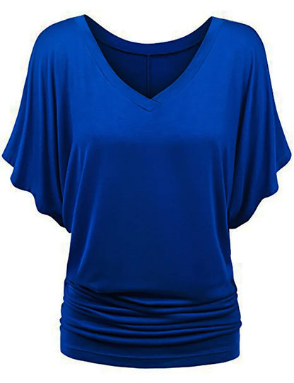 Women V Neck Short Sleeve Pleated Loose T-shirts Summer Lady Batwing Sleeve Oversized S-5XL Tee Shirt Tops OUYMFZ-A1375