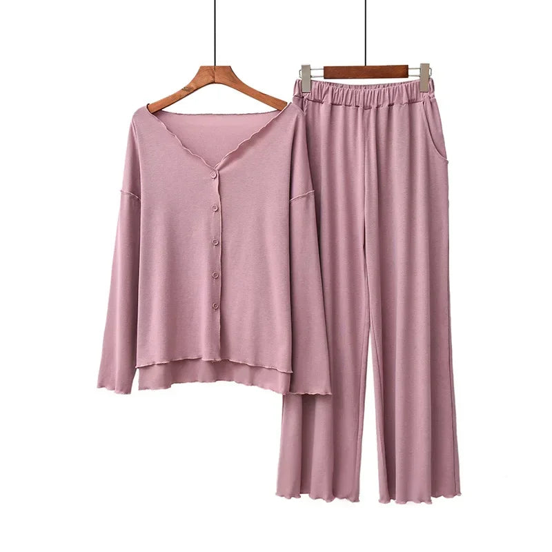 Japanese new style cotton pajamas suit ladies spring and autumn cardigan solid color long-sleeved trousers home service suit Deep pink One Size