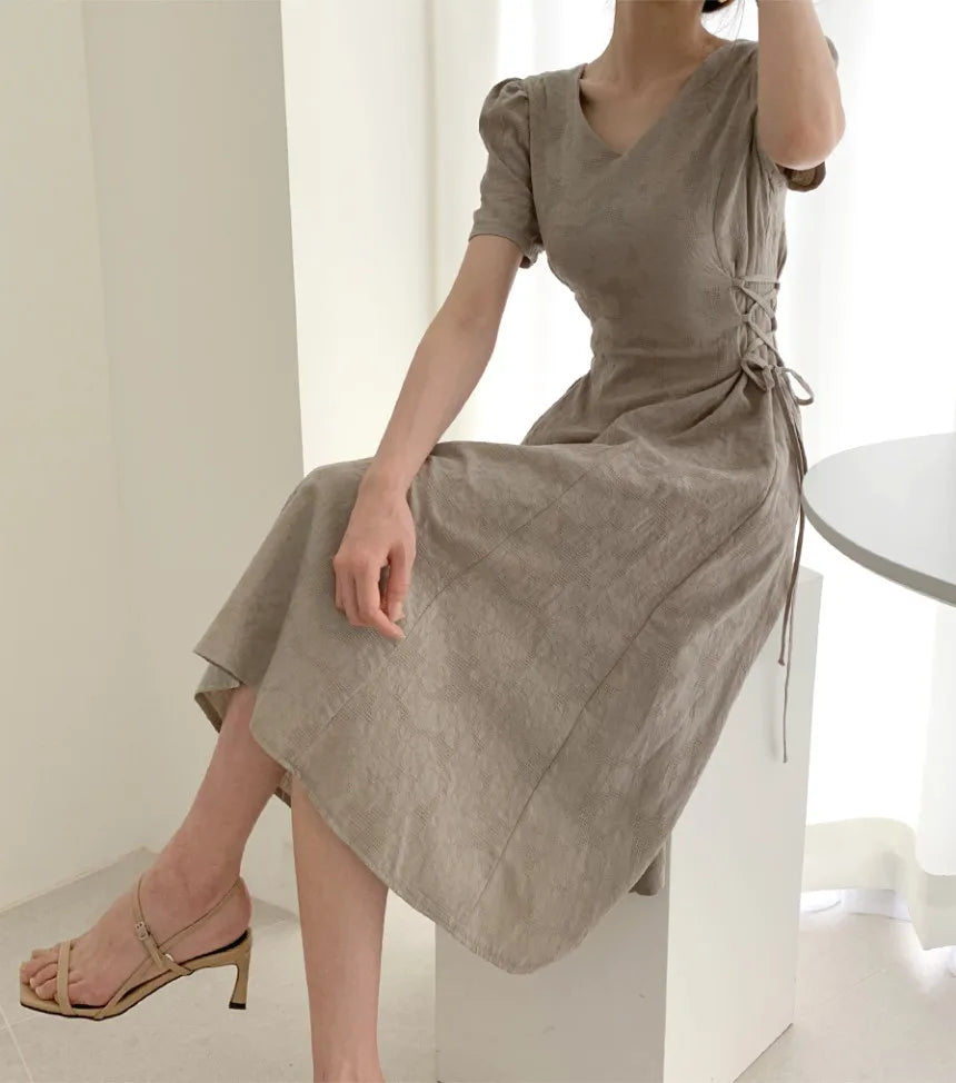 Cotton Linen Dress Long New Hot Sales Woman Short Sleeve Solid Retro Vintage Long Dresses