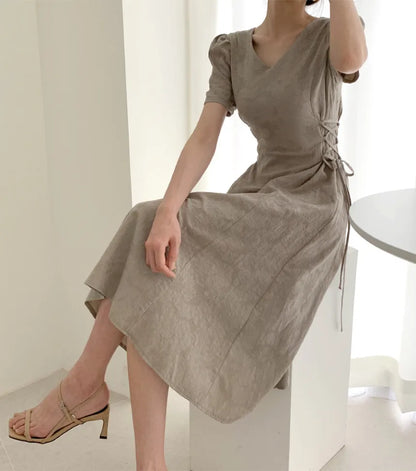 Cotton Linen Dress Long New Hot Sales Woman Short Sleeve Solid Retro Vintage Long Dresses