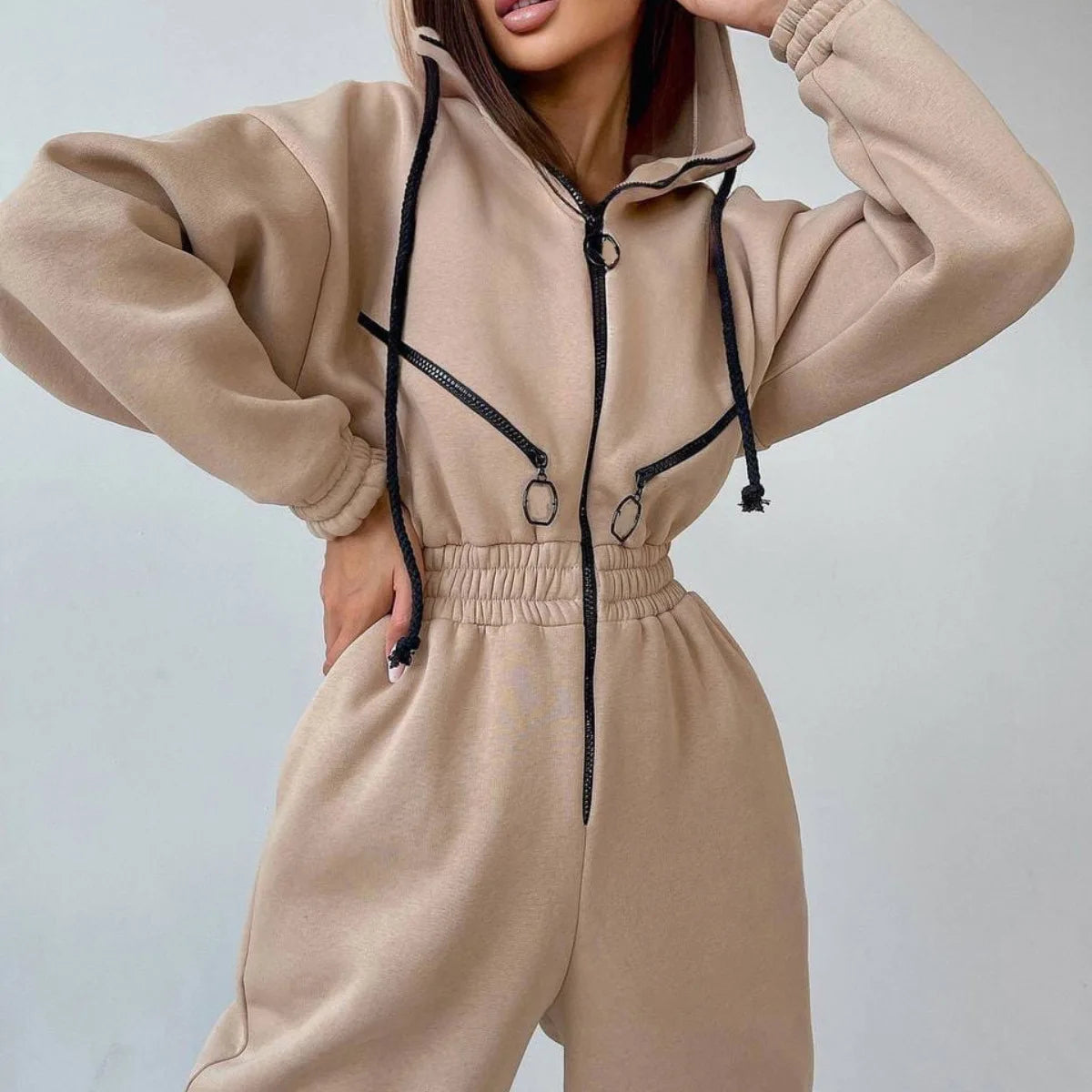 Autumn Women's Monochrome Long-Sleeved Jumpsuit Solid Color Zip-up Sportswear Female Winter Casual Tracksuit Fashionable Hoodies Badiee Stylez