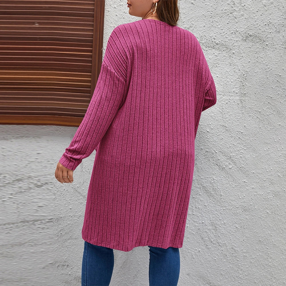 Plus Size Women's Solid Ribbed Long Sleeve Pockets Cardigan Tops Spring Autumn Ladies Casual Coatigan Outwear Size 1XL-5XL