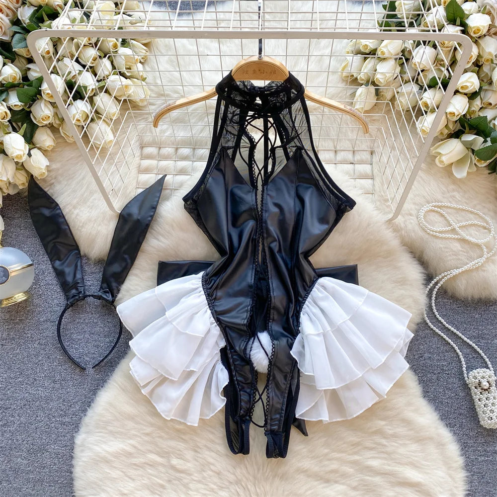 Japanese Sexy Print Kimono Slim Fit V-Neck Nightgown Loose Petal Sleeves Women's Erotic Lingerie Mini Irregular Patchwork Dress QD246-Black-O