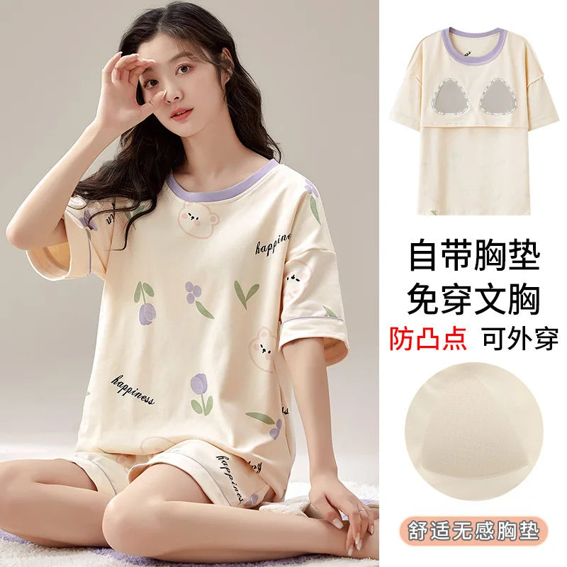 Summer 100% Cotton Women's Pajamas With Padded Bra Sweet Princess Cartoon Comfortable Short Sleeve Shorts Pajama Sets D1040 CHINA