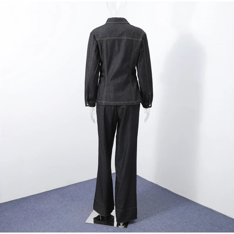 Street Vintage Denim Pants Sets Women Slim Long Sleeve Lapel Single Breasted Jacket Straight Trousers 2025 Autumn Lady Outfits