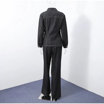 Street Vintage Denim Pants Sets Women Slim Long Sleeve Lapel Single Breasted Jacket Straight Trousers 2025 Autumn Lady Outfits