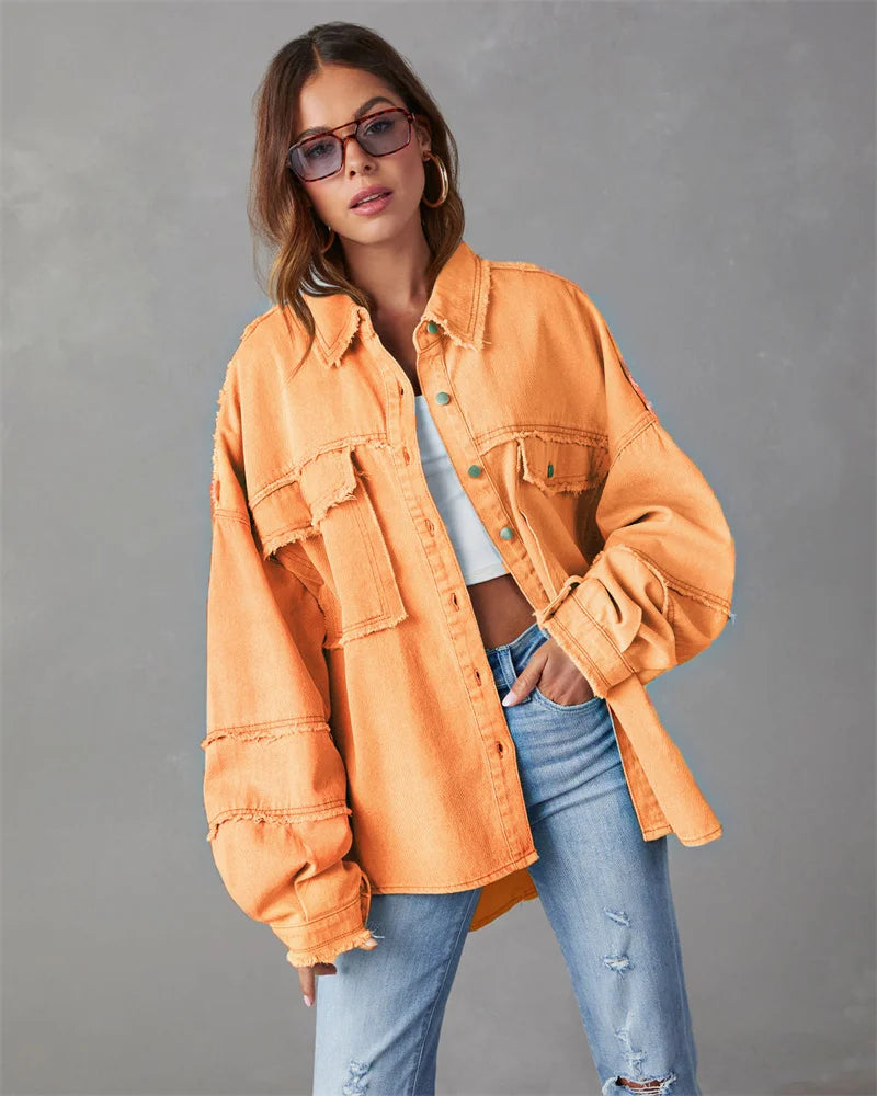 2025 Spring Autumn Shirt Style Denim Jacket Women Holes Raw-edges Jeancoat Casual Tops Female Oversize Loose Outerwear 7 Colors