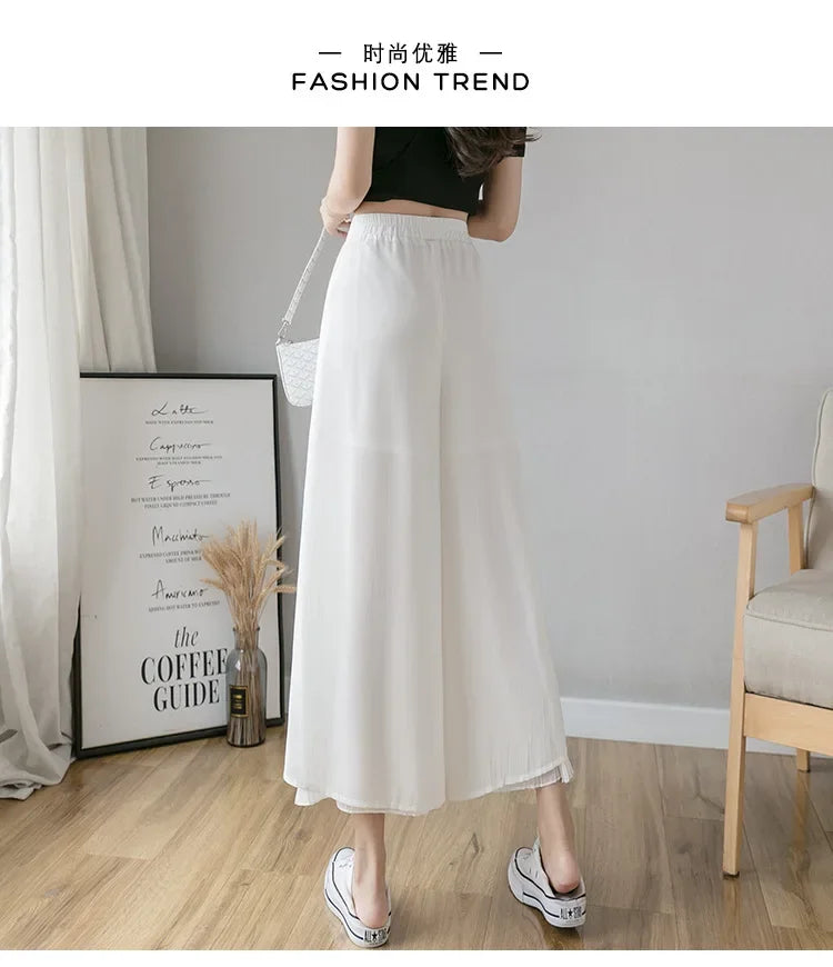 Women Pants Culottes Elastic Wide Leg Irregular Hem Double Layers Korean Trousers Summer Casual Loose Pleated Pants
