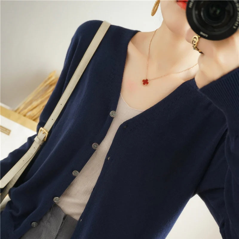 100% Cotton Line Long Sleeve V-Neck Knitted Cardigan Women Loose Short Solid Color Simple Sun Protection SMY K61 zang lan