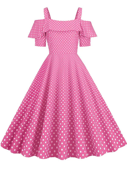 Off the Shoulder Elegant Vintage Party Dress Women Summer Polka Dot Ruffles A Line Midi Dresses Pink 001