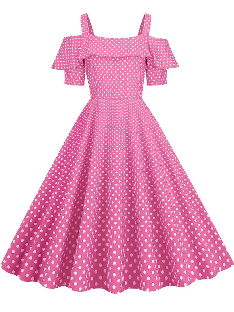 Off the Shoulder Elegant Vintage Party Dress Women Summer Polka Dot Ruffles A Line Midi Dresses Badiee Stylez