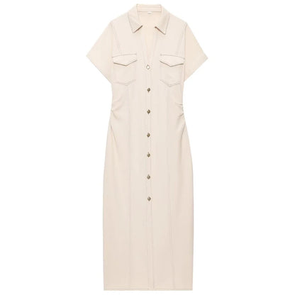 TRAF Womens Denim Dresses Summer 2025 Button Bodycon Blue Dress Ruffled Batwing Sleeve Long Dress Chic Casual Beach Vestidos 066 Beige