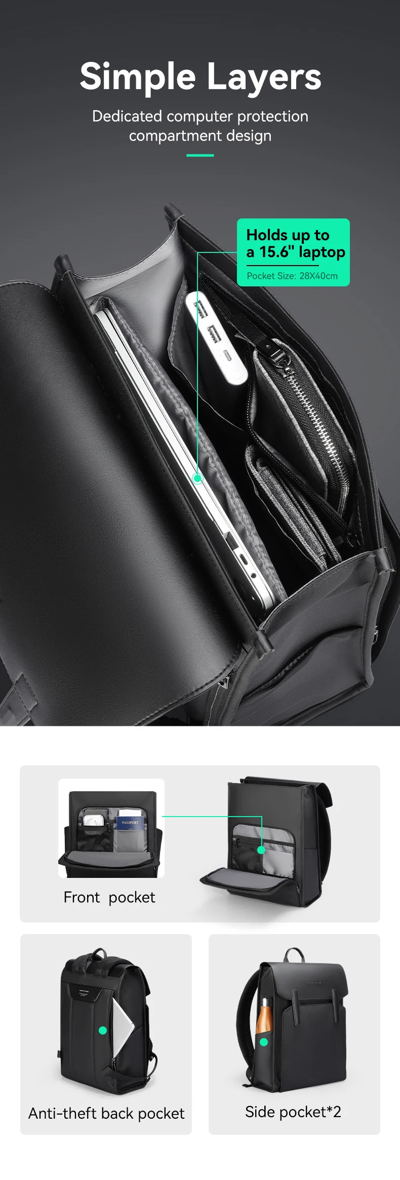 Mark Ryden Classic Business Work Black Leather Backpack 15.6 Inch Laptop Waterproof Bag School Bags Business bacbackpack for men