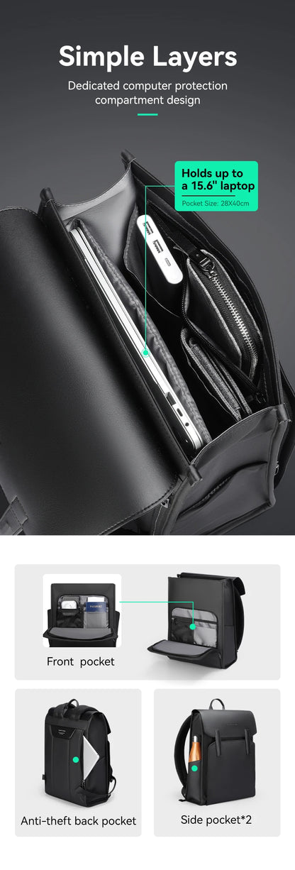 Mark Ryden Classic Business Work Black Leather Backpack 15.6 Inch Laptop Waterproof Bag School Bags Business bacbackpack for men