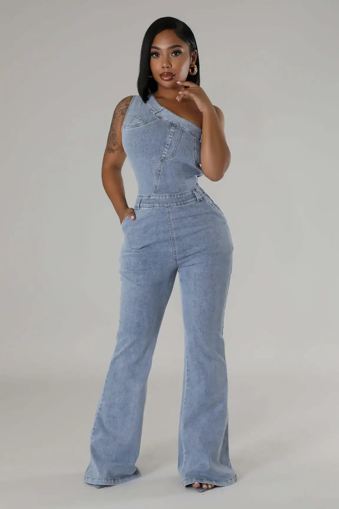 Flare Denim Pants Full Length Women Jeans One Piece Overalls Spliced Solid Jumpsuits Loose Pockets High Waist Basics Washed