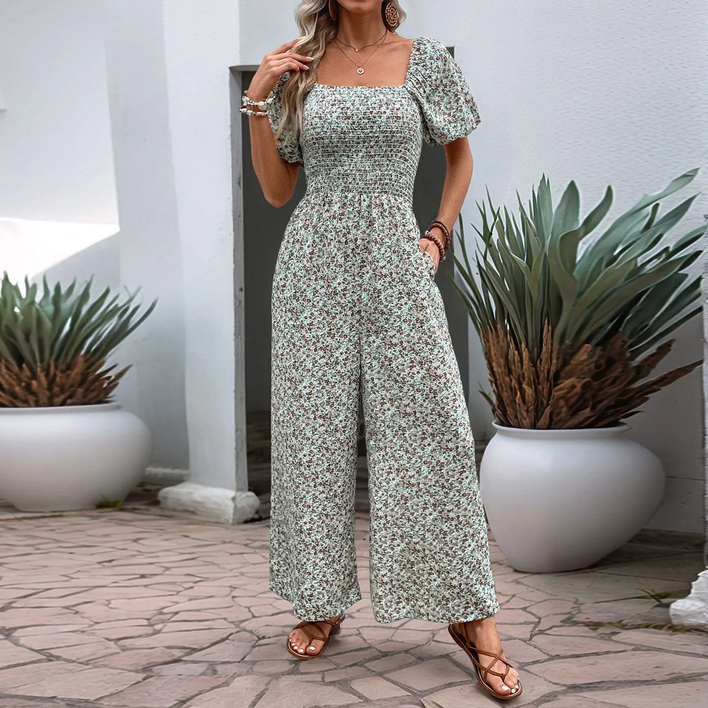 Bohemian Vacation Holiday Jumpsuit Women Pleated Wide Leg Rompers Chiffon Print Ethnic Playsuit Summer Casual Jumpsuits Badiee Stylez